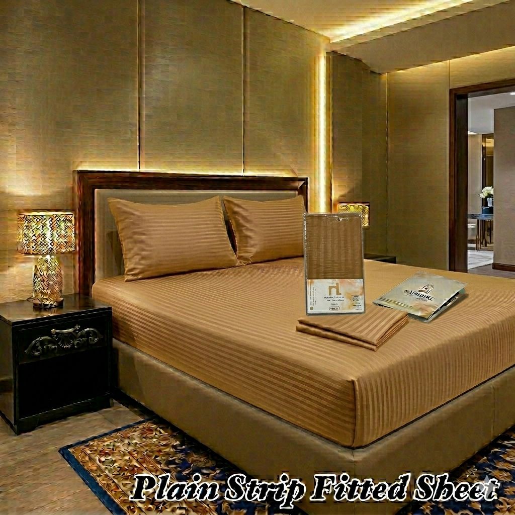 Nishat 3Pc King Size Plain Strip Fitted Bedsheet