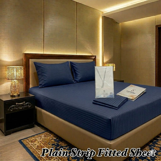 Nishat 3Pc King Size Plain Strip Fitted Bedsheet
